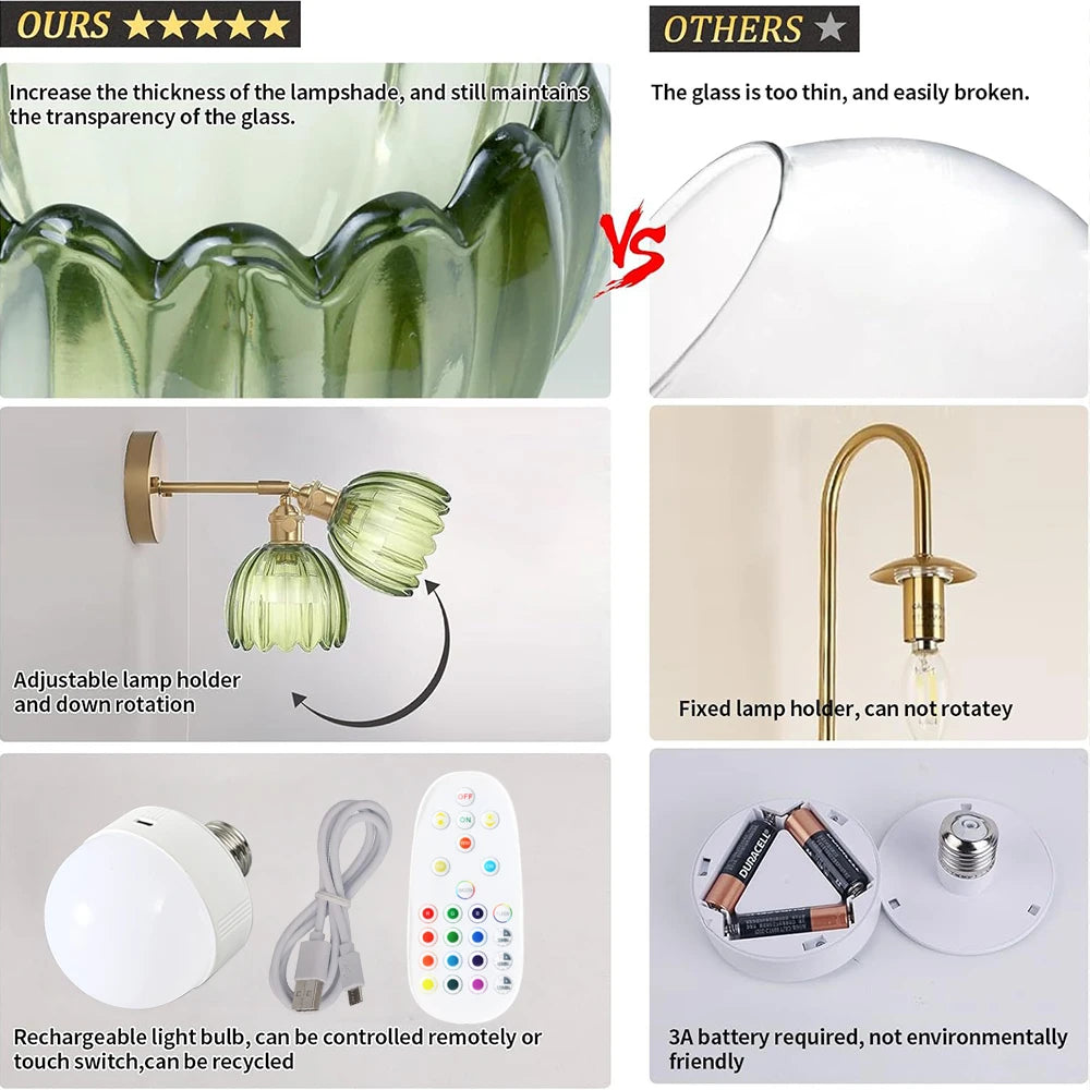 Vintage Rechargeable Glass Wall Sconce – Wireless Long-Strip LED Interior Light for Living Room, Bedroom, Hallway, and Bathroom