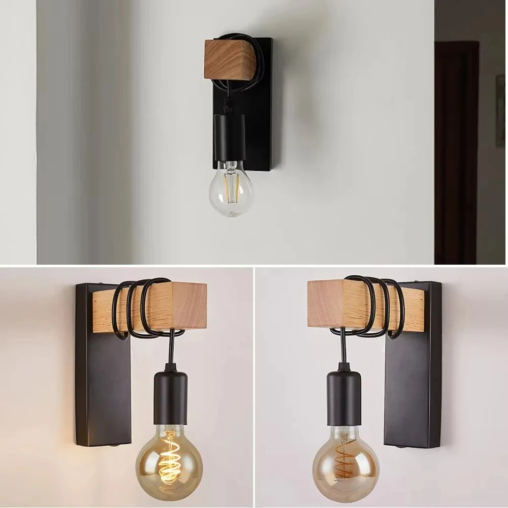 Retro Industrial Wood and Iron Wall Lamp – Vintage E27 LED Sconce for Living Rooms, Bedrooms, Restaurants, and Loft Interiors