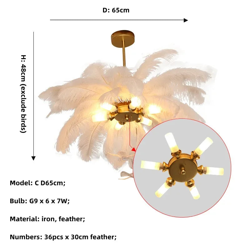 Nordic Ostrich Feather LED Chandelier – Luxury Soft Feather Pendant Lamp for Living Room & Bedroom