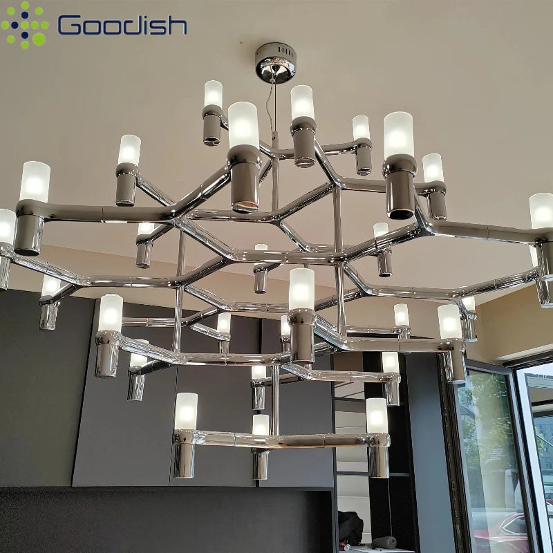 Modern Luxury Metal & Frosted Glass Geometric Ceiling Light – Adjustable Multi-Light Chandelier for Living Room, Dining Room & Hotels