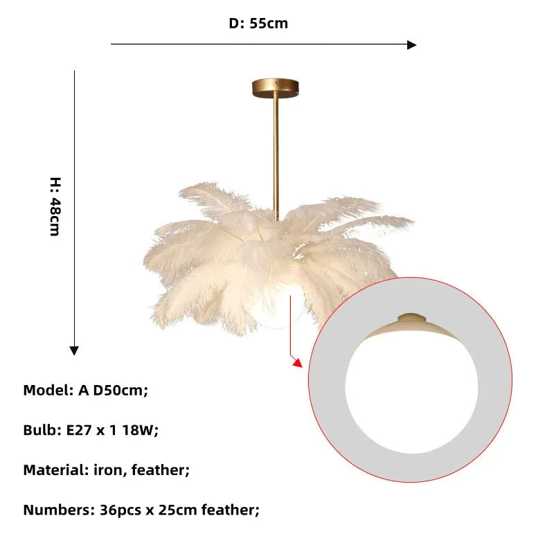 Nordic Ostrich Feather LED Chandelier – Luxury Soft Feather Pendant Lamp for Living Room & Bedroom