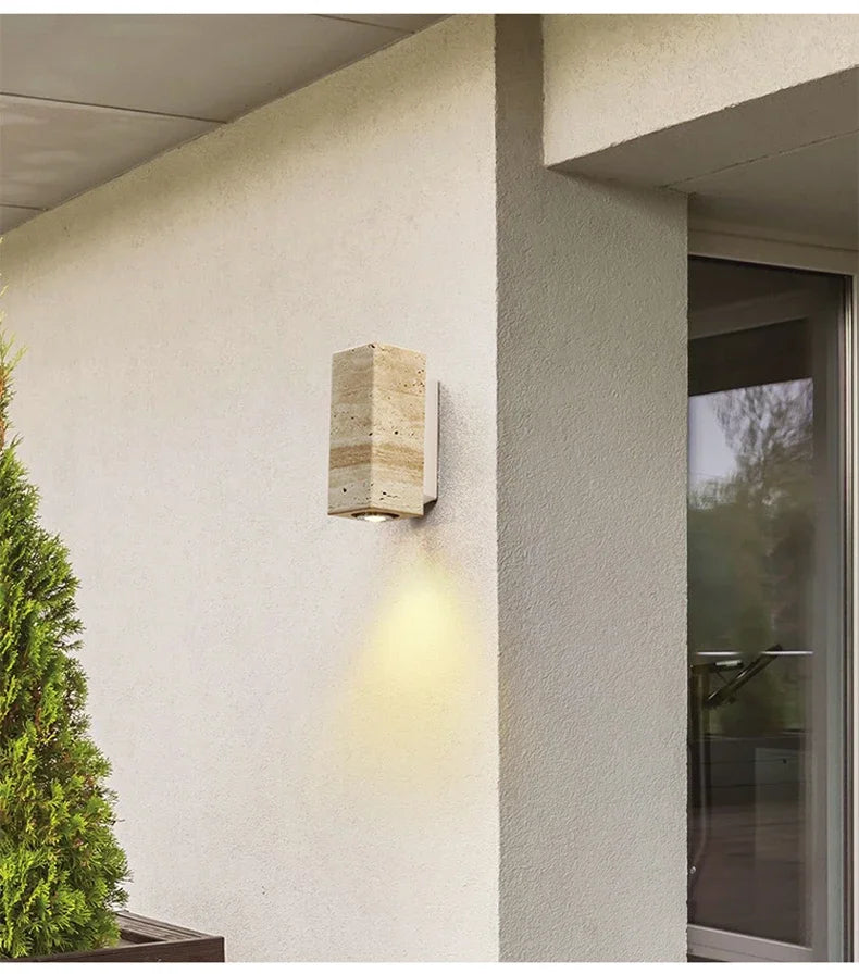 Wabi-Sabi Travertine Wall Lamp – Minimalist Japanese-Style Bedside & Corridor LED Sconce