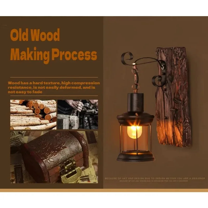 Vintage Industrial Wood and Iron Wall Sconce – Rustic Decorative Lighting for Corridors, Lofts, Bars, and Bedroom Walls