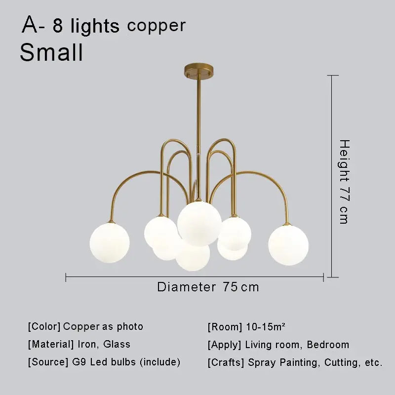 Modern Nordic LED Chandelier – Gold/Black Metal Suspension Light with Frosted Glass Shade (G9 Fixture)
