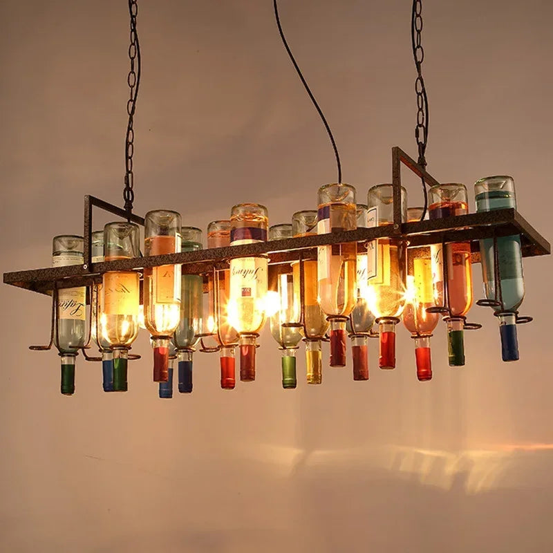 American Retro Industrial Rust Metal Chandelier – Vintage Wine Bottle Glass Pendant Light for Bars, Cafés, and Restaurants