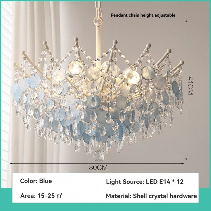 French K9 Crystal Chandelier – Luxury Vintage Blue & White Natural Shell Pendant Light for Romantic Villas, Living Rooms & Bedrooms