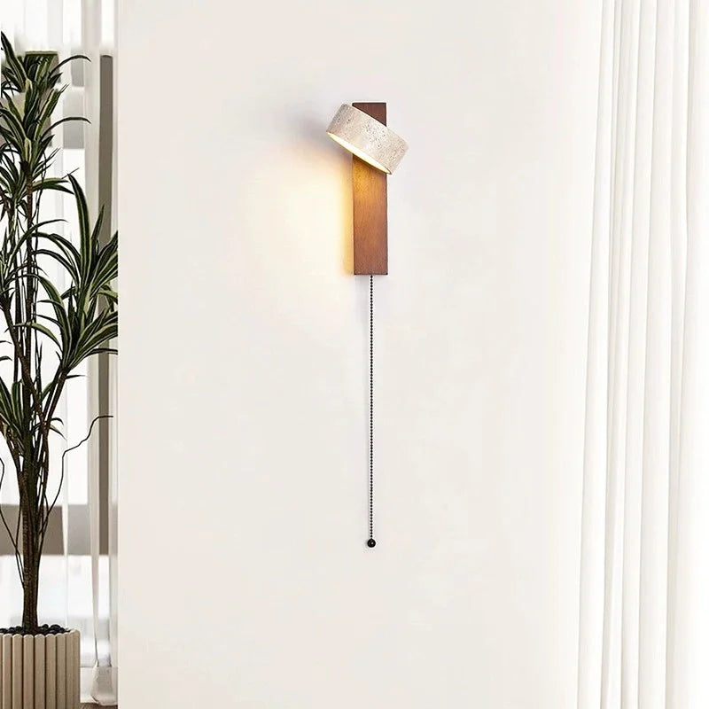 Applique murale LED de style japonais, en pierre crème, avec interrupteur à tirette, idéale pour la chambre ou le bureau.