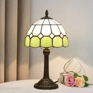 Stained Glass Tiffany Style Table Lamp – Antique Green Reading Light for Bedroom, Living Room, and Office Decor