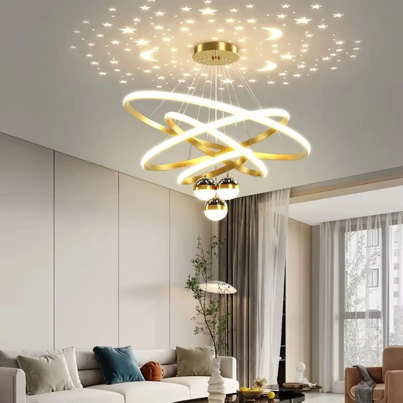 Nordic Starry Sky Projection LED Chandelier – Modern Black & Gold Ceiling Pendant for Living Room, Bedroom, Kitchen