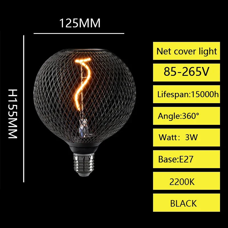 Creative Luxury Black Gold LED Light Bulb – Wrought Iron Mesh Cage Globe Lamp for Dining & Bar Decor