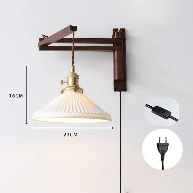 Retro Japanese Folding Walnut Wall Lamp – Ceramic Shade Bedside Sconce for Study, Living Room, and Tea Room Décor