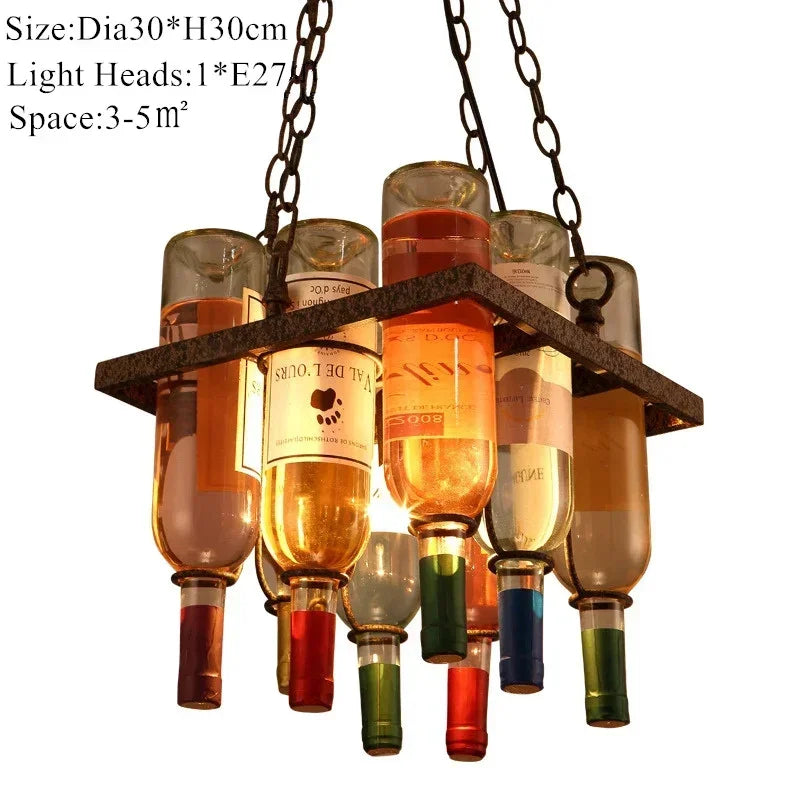 American Retro Industrial Rust Metal Chandelier – Vintage Wine Bottle Glass Pendant Light for Bars, Cafés, and Restaurants