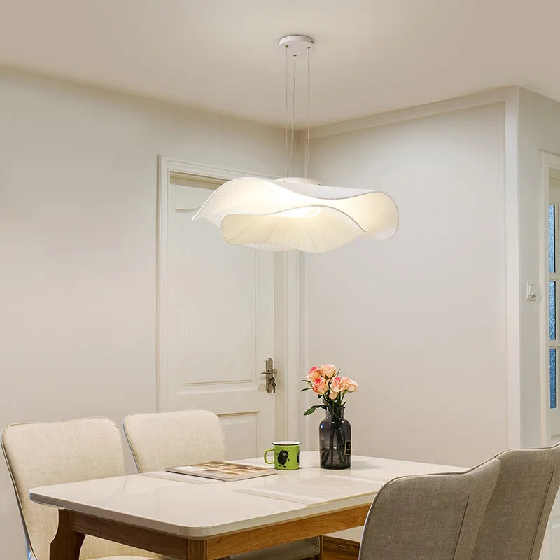White Fabric LED Chandelier – Minimalist Hanging Lamp for Dining Room, Bedroom & Living Spaces