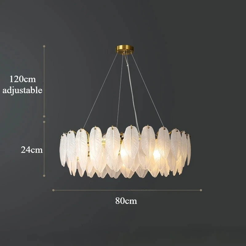 Modern Luxury Feather Glass Chandelier – Gold Round Decorative Lighting for Living Room, Bedroom & Dining Area