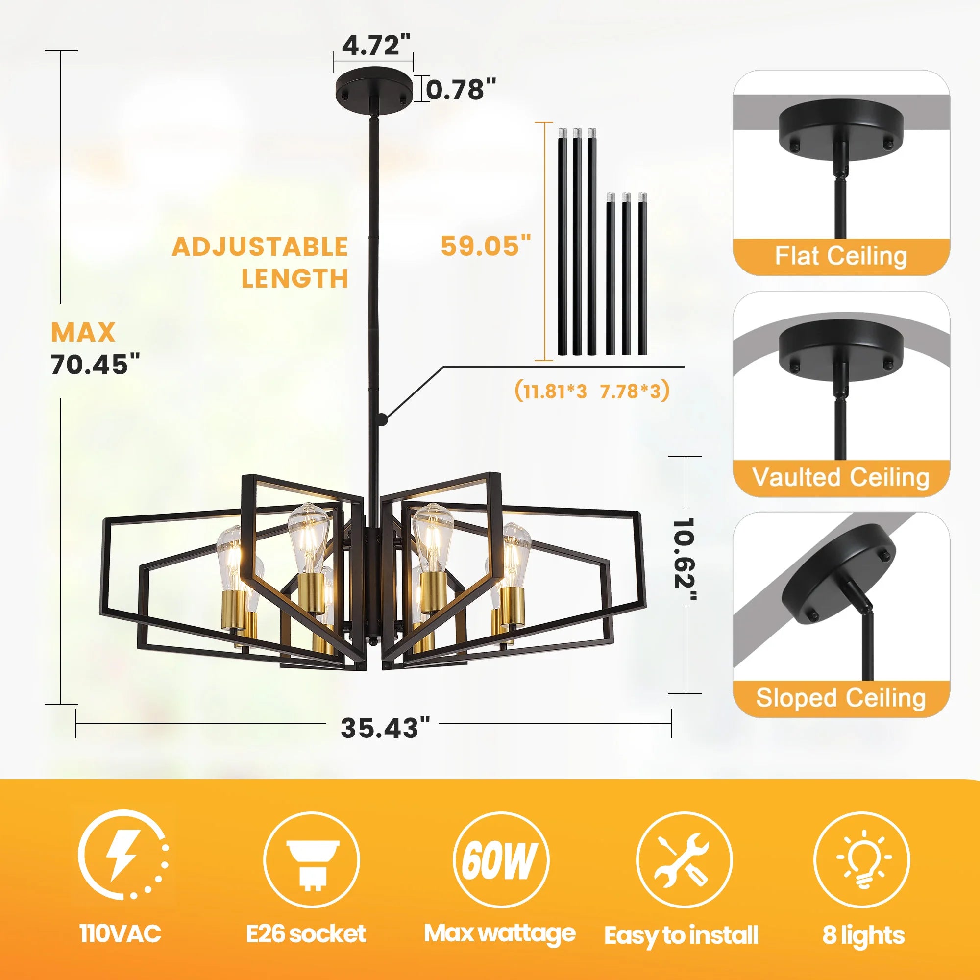 Modern 8-Light Geometric Chandelier – Adjustable Height Metal Pendant Light, Black Frame, Golden Accents