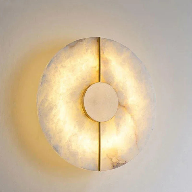 Modern Alabaster Moon LED Wall Lamp – Creative Marble Round Sconce with Gold Copper Accent for Bedroom and Living Room Décor