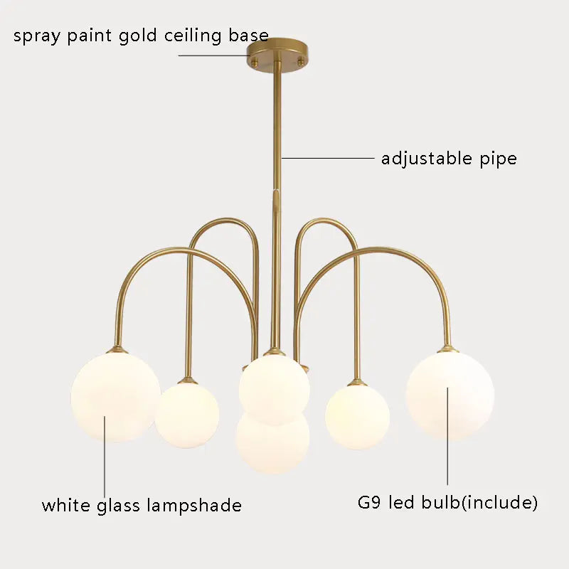 Modern Nordic LED Chandelier – Gold/Black Metal Suspension Light with Frosted Glass Shade (G9 Fixture)