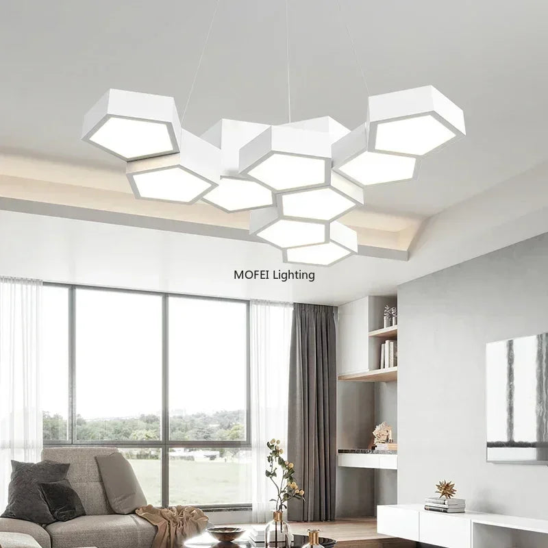 Nordic Designer Honeycomb LED Chandelier – Creative Remote-Dimming Pendant Light for Living Room & Bedroom