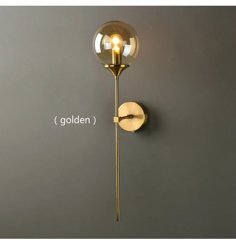 Modern Nordic Glass Wall Lamp – Golden Round Bedside and Living Room Sconce in Metal and Clear Glass