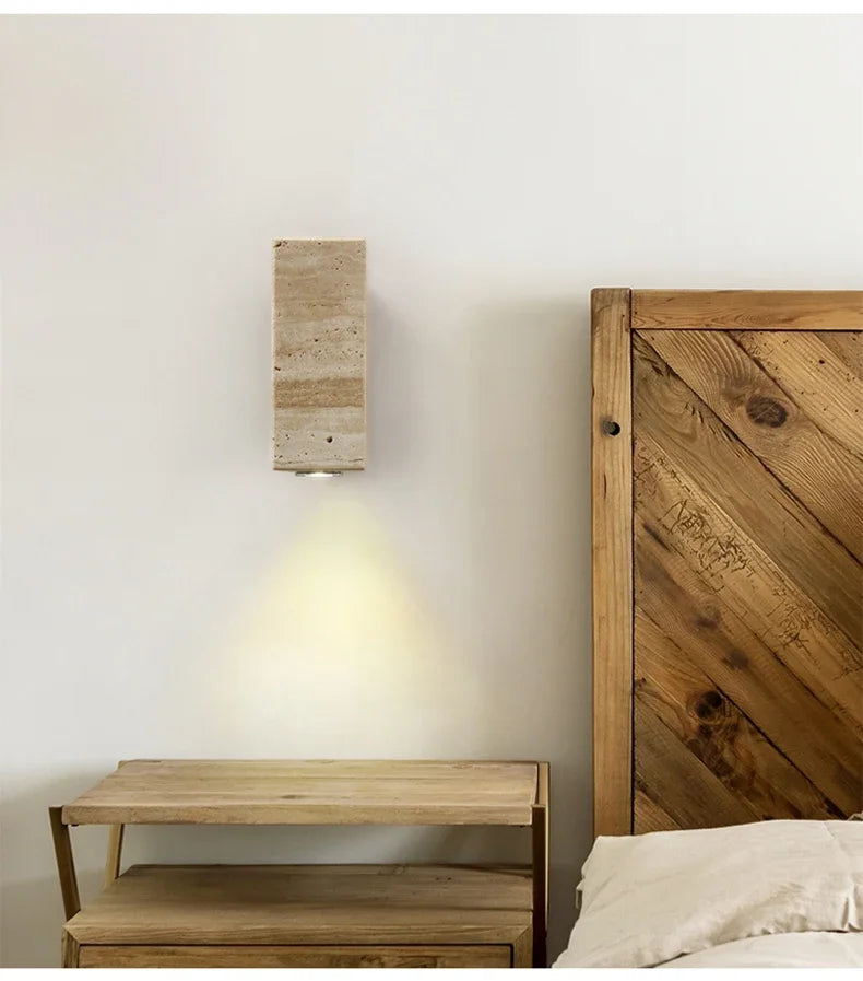 Wabi-Sabi Travertine Wall Lamp – Minimalist Japanese-Style Bedside & Corridor LED Sconce