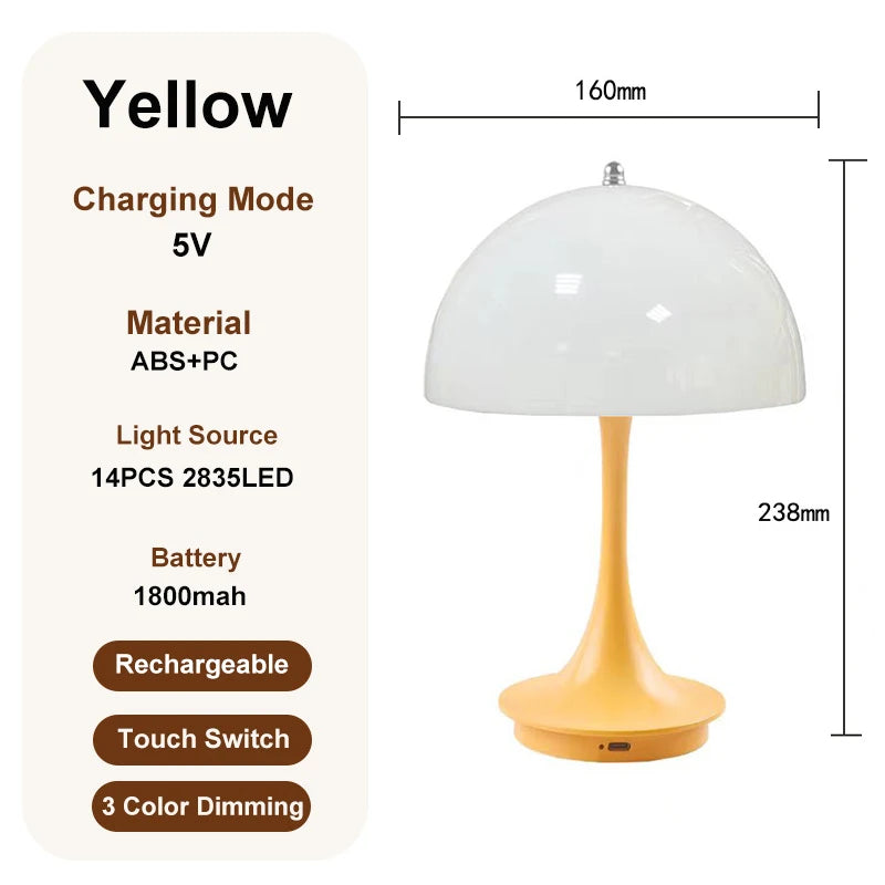 Modern Nordic Danish Mushroom Table Lamp – Rechargeable Energy-Saving LED Decor for Bedroom and Living Room