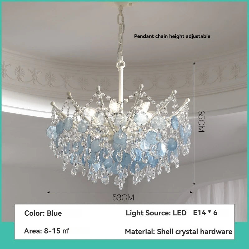 French K9 Crystal Chandelier – Luxury Vintage Blue & White Natural Shell Pendant Light for Romantic Villas, Living Rooms & Bedrooms