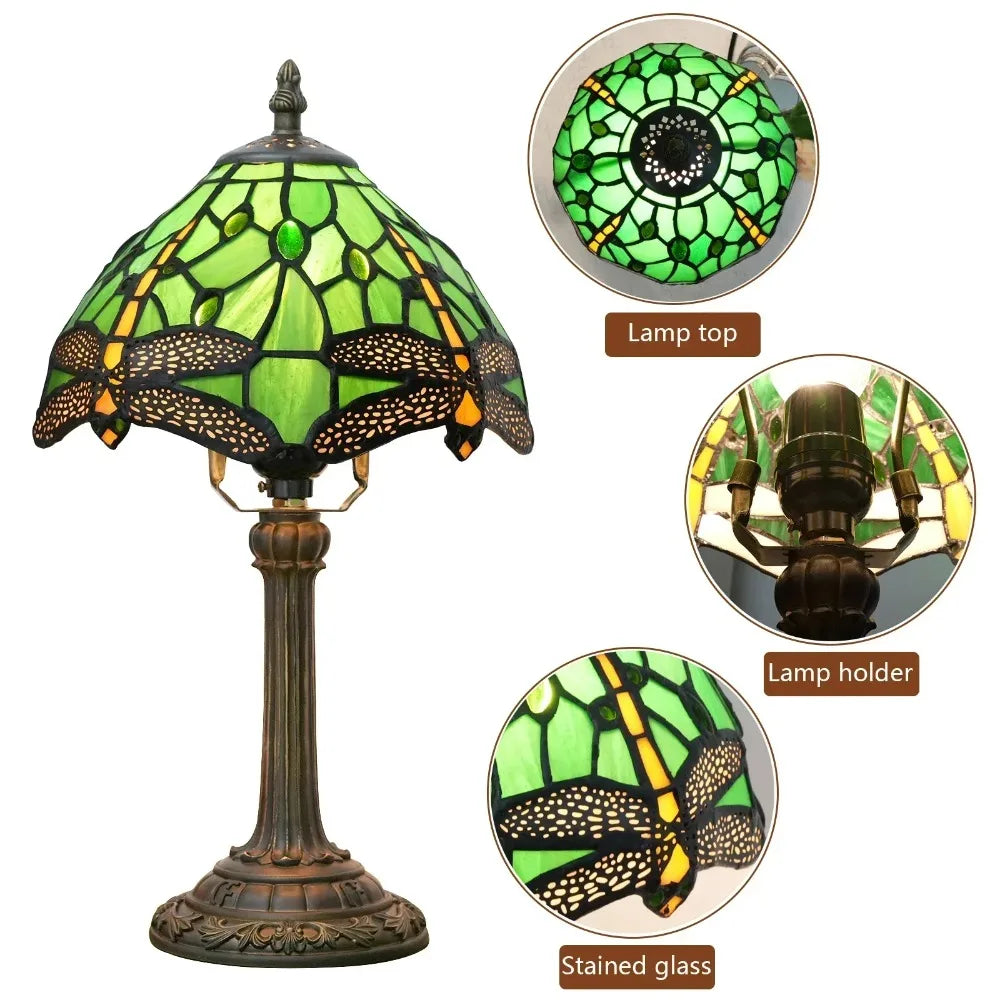 Stained Glass Tiffany Style Table Lamp – Antique Green Reading Light for Bedroom, Living Room, and Office Decor