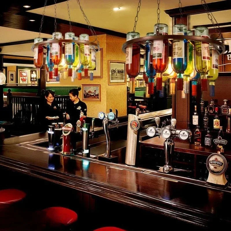 American Retro Industrial Rust Metal Chandelier – Vintage Wine Bottle Glass Pendant Light for Bars, Cafés, and Restaurants