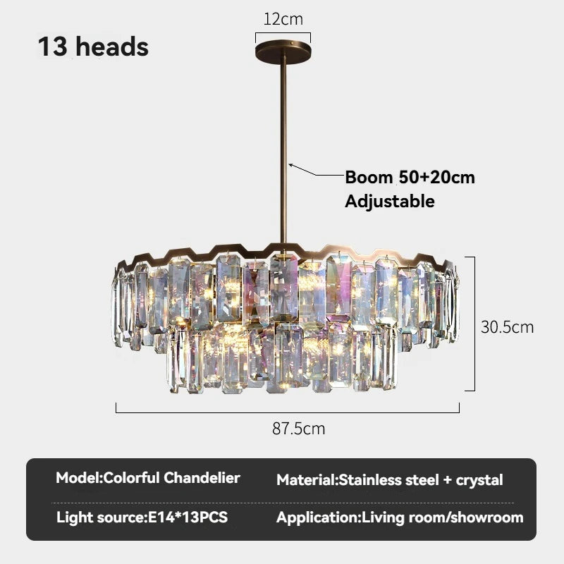 Iridescent Crystal Chandelier – Designer Luxury Round & Long Pendant Light for Dining Room, Living Room, Hotel & Villa