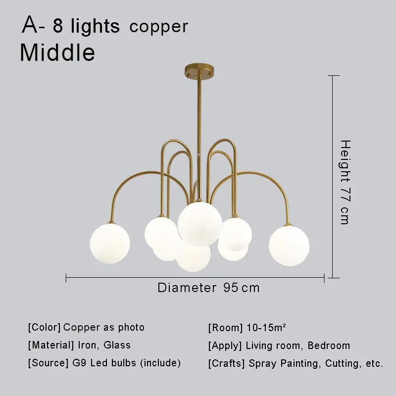 Modern Nordic LED Chandelier – Gold/Black Metal Suspension Light with Frosted Glass Shade (G9 Fixture)