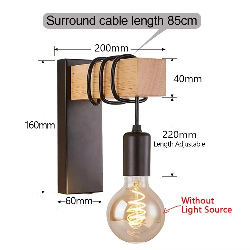 Retro Industrial Wood and Iron Wall Lamp – Vintage E27 LED Sconce for Living Rooms, Bedrooms, Restaurants, and Loft Interiors