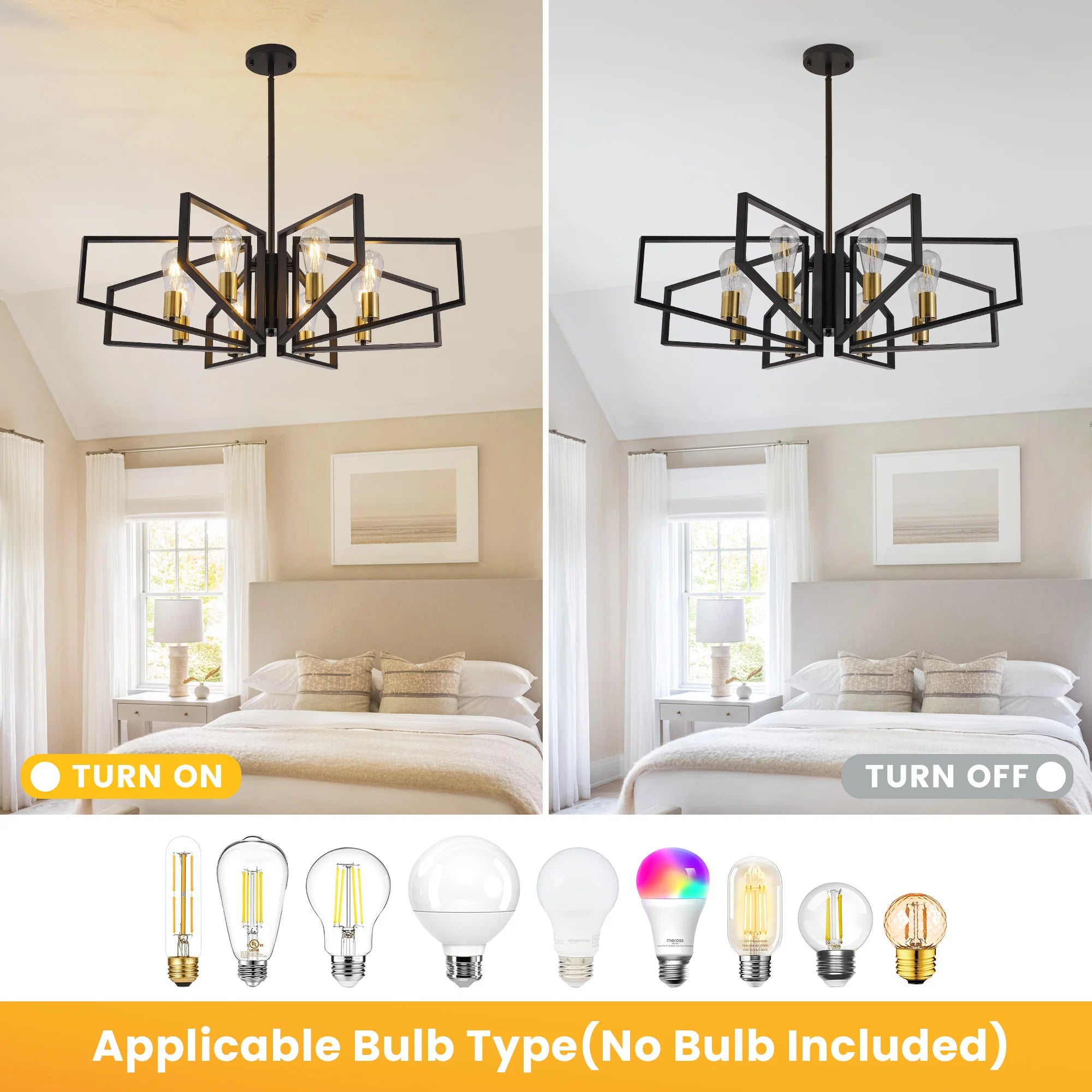 Modern 8-Light Geometric Chandelier – Adjustable Height Metal Pendant Light, Black Frame, Golden Accents
