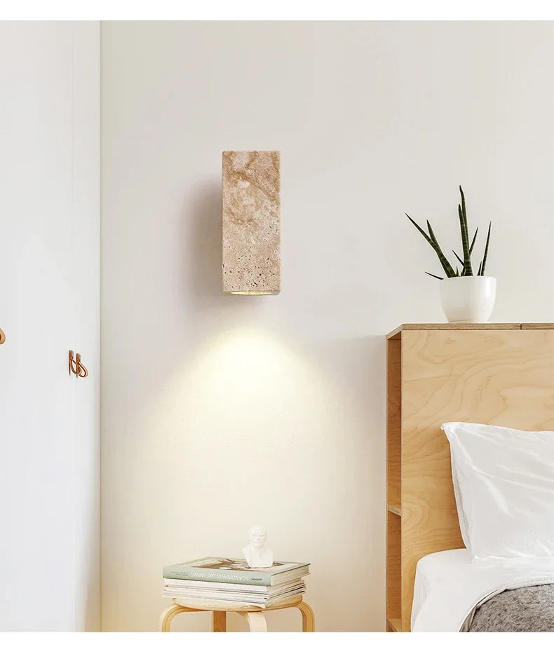 Wabi-Sabi Travertine Wall Lamp – Minimalist Japanese-Style Bedside & Corridor LED Sconce