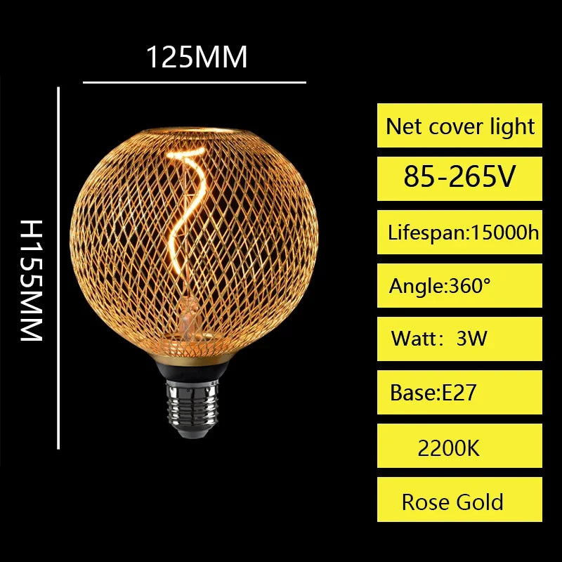 Creative Luxury Black Gold LED Light Bulb – Wrought Iron Mesh Cage Globe Lamp for Dining & Bar Decor
