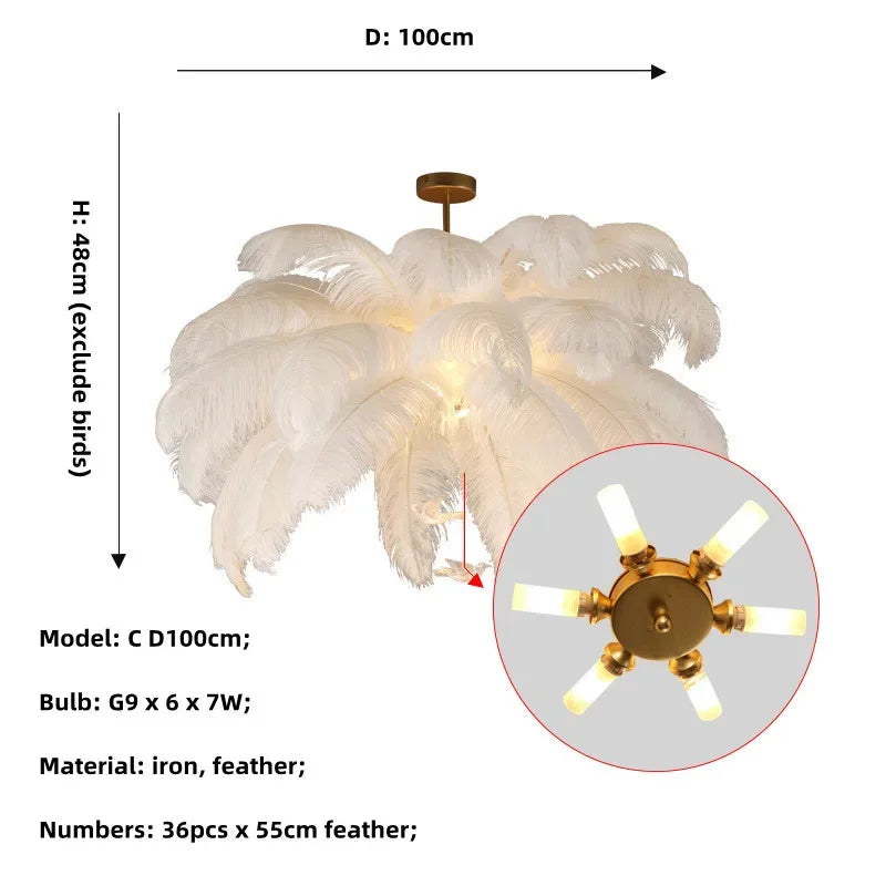 Nordic Ostrich Feather LED Chandelier – Luxury Soft Feather Pendant Lamp for Living Room & Bedroom