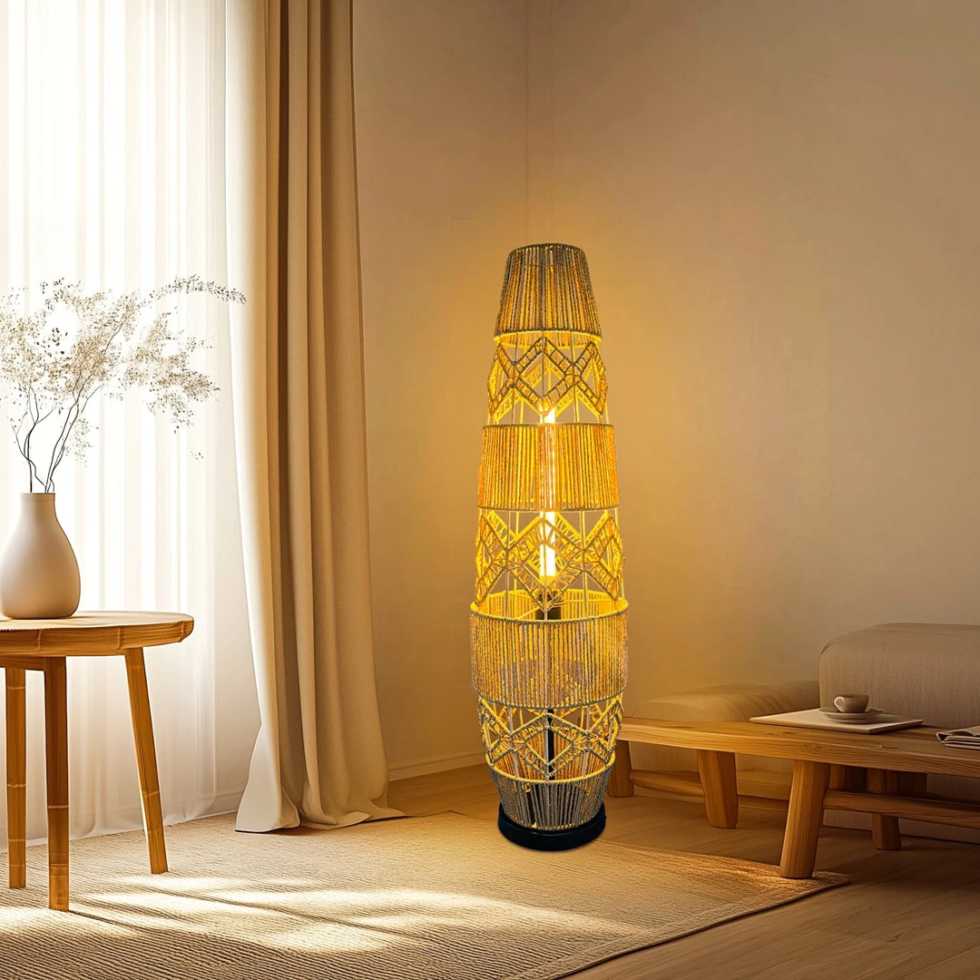 Boho Rattan Hand-Woven Floor Lamp – LED Light Bar Corner Reading Lamp for Living Room and Bedroom