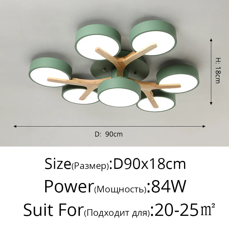 Nordic Style Personalized Macaron LED Chandelier – Modern Minimalist Wood & Aluminum Ceiling Light for Bedroom and Living Room