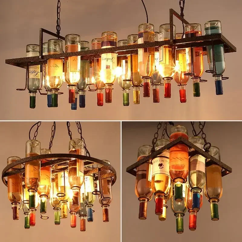 American Retro Industrial Rust Metal Chandelier – Vintage Wine Bottle Glass Pendant Light for Bars, Cafés, and Restaurants