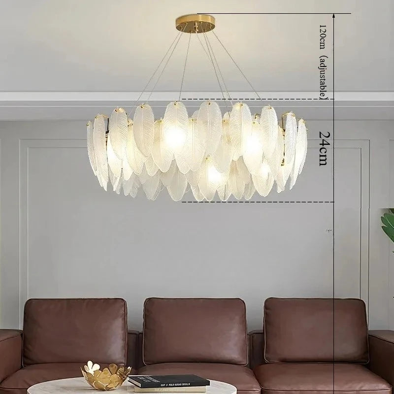 Modern Luxury Feather Glass Chandelier – Gold Round Decorative Lighting for Living Room, Bedroom & Dining Area
