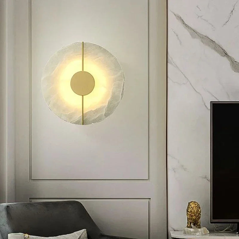 Modern Alabaster Moon LED Wall Lamp – Creative Marble Round Sconce with Gold Copper Accent for Bedroom and Living Room Décor