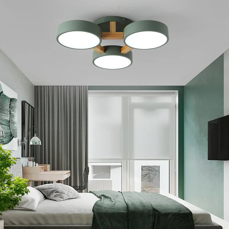 Nordic Style Personalized Macaron LED Chandelier – Modern Minimalist Wood & Aluminum Ceiling Light for Bedroom and Living Room