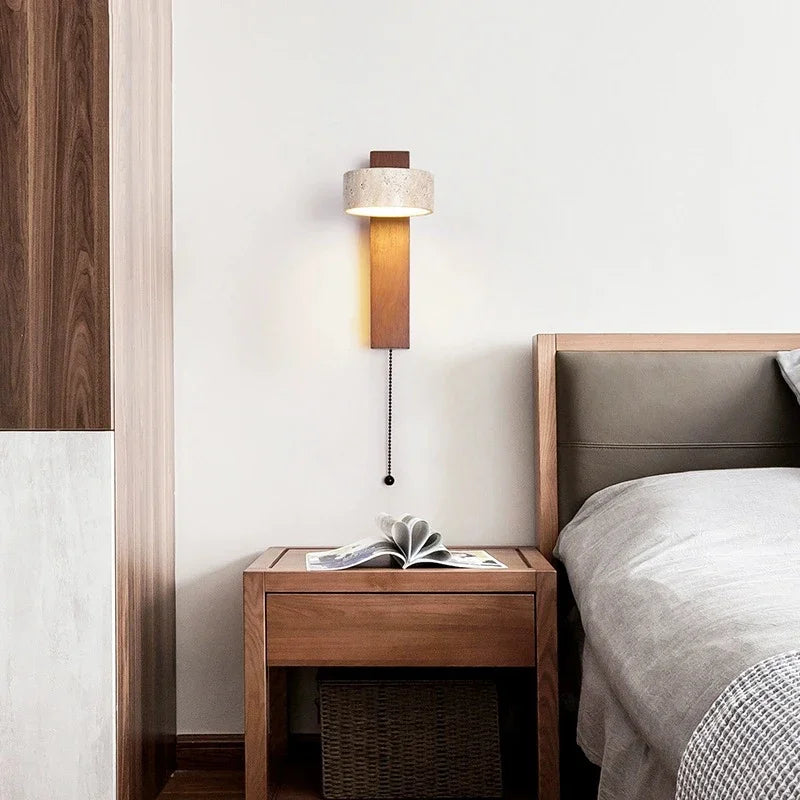 Cream Stone Bedside LED Wall Lamp With Pull Switch for Bedroom and Study in Japanese Style