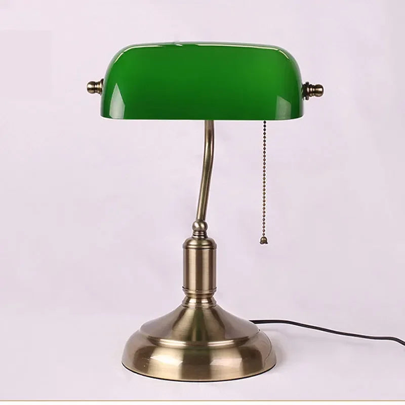 Retro European Bank Table Lamp – Antique Copper Glass Desk Light for Bedroom, Office and Living Room Décor