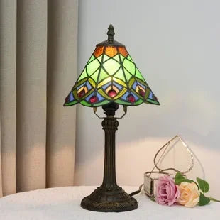 Stained Glass Tiffany Style Table Lamp – Antique Green Reading Light for Bedroom, Living Room, and Office Decor