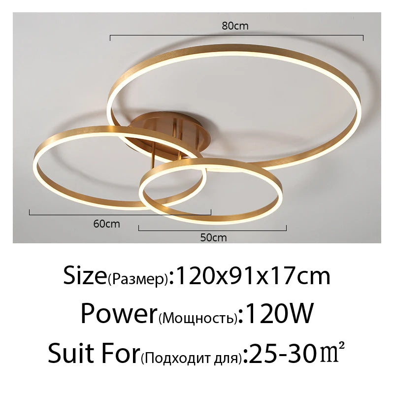 Household Gold LED Chandeliers – Modern 3-Circle Metal Ceiling Light for Living Room, Bedroom & Dining Room