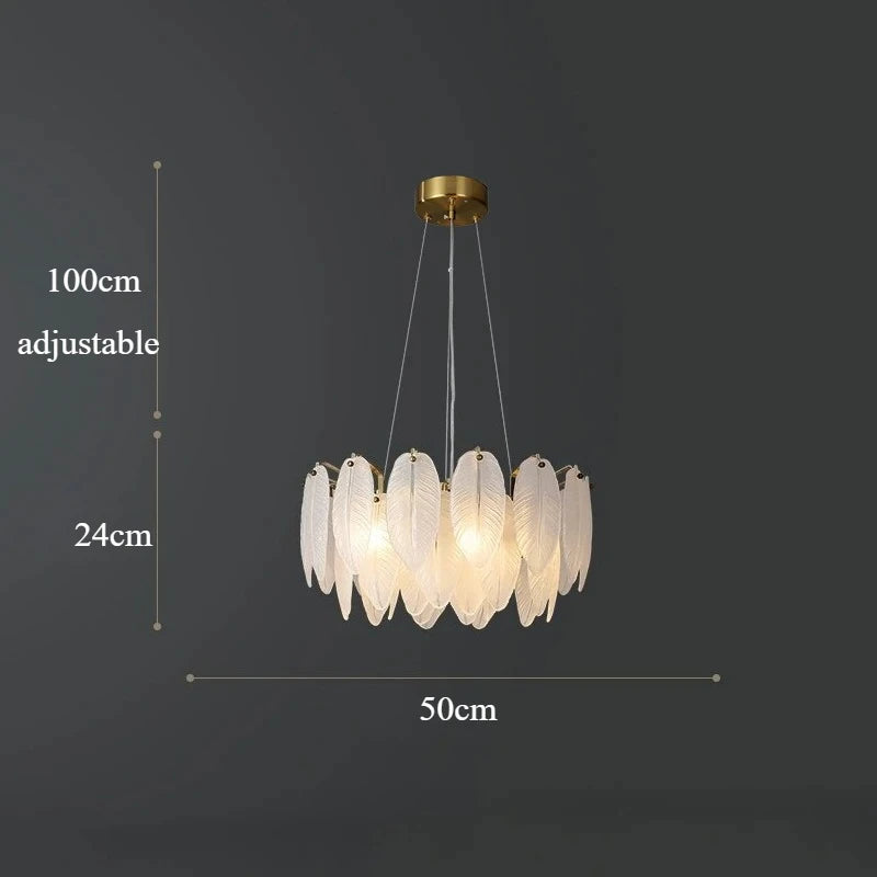 Modern Luxury Feather Glass Chandelier – Gold Round Decorative Lighting for Living Room, Bedroom & Dining Area