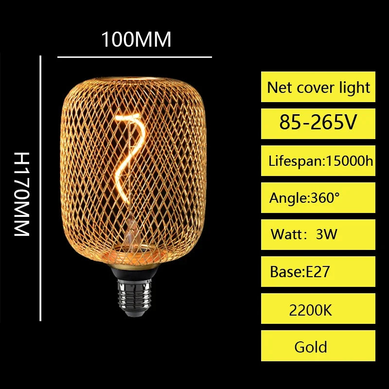 Creative Luxury Black Gold LED Light Bulb – Wrought Iron Mesh Cage Globe Lamp for Dining & Bar Decor