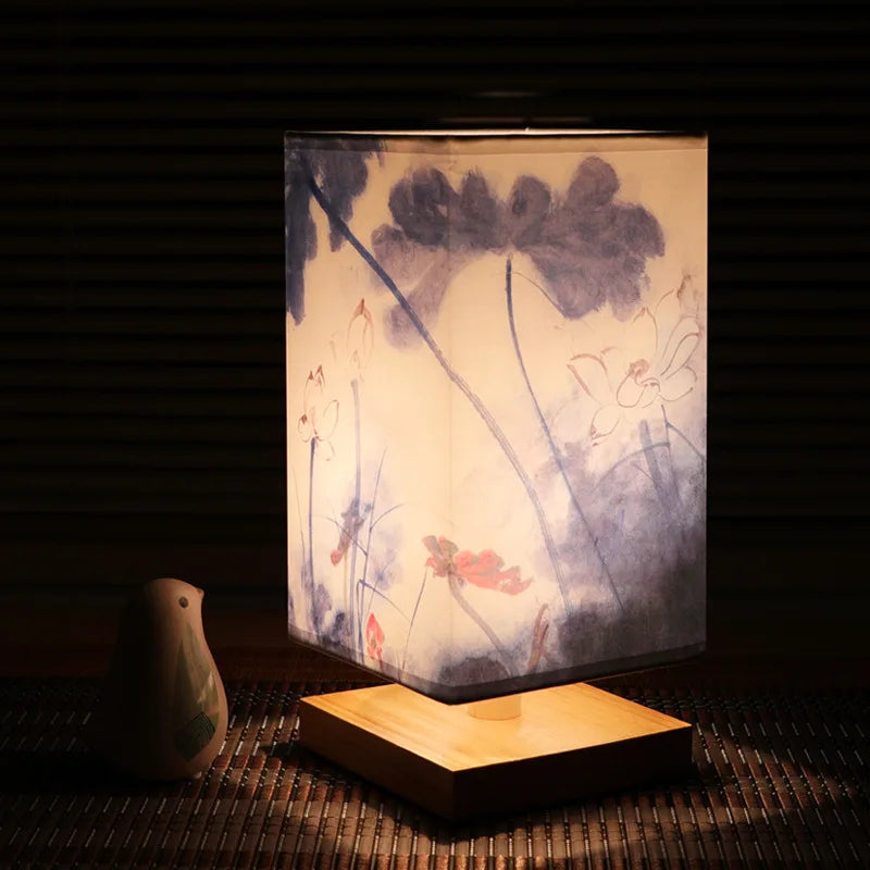 Vintage Chinese Style Wooden Table Lamp – Retro Landscape Painting Desk Light for Bedroom and Artistic Room Decoration
