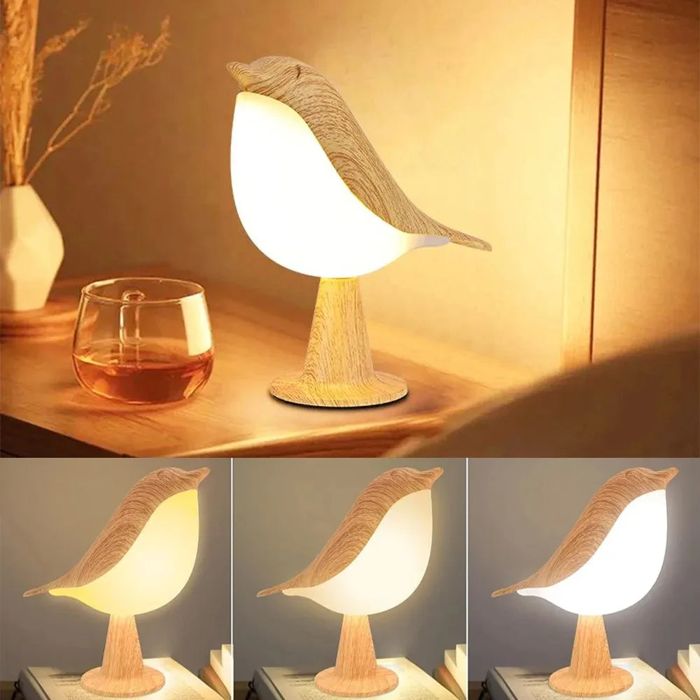 Modern Simple Magpie LED Bedside Lamp – Touch Control Wooden Bird Night Light with 3 Colors for Bedroom Decor