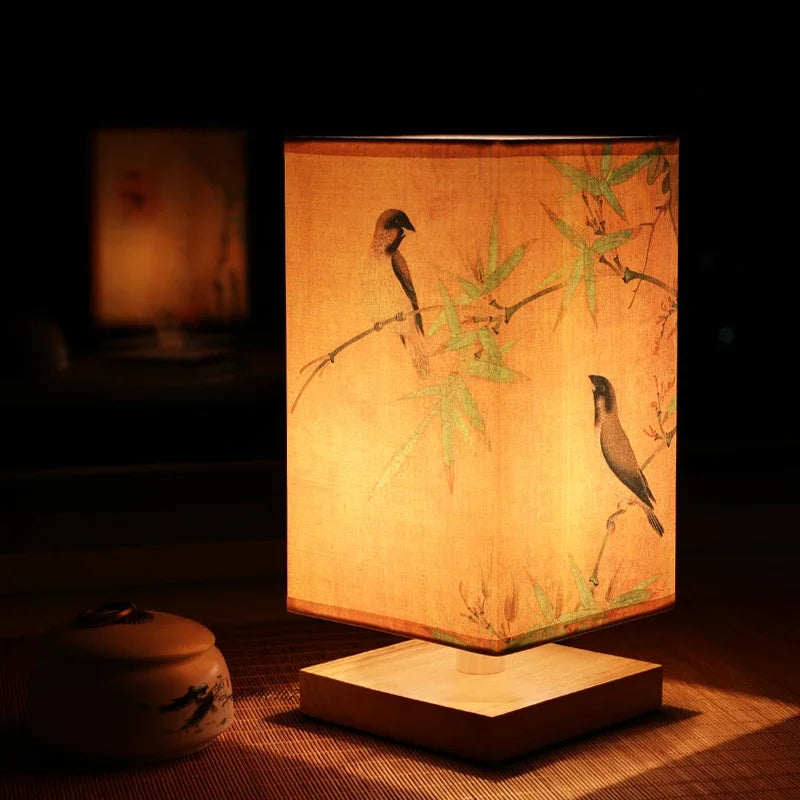Vintage Chinese Style Wooden Table Lamp – Retro Landscape Painting Desk Light for Bedroom and Artistic Room Decoration